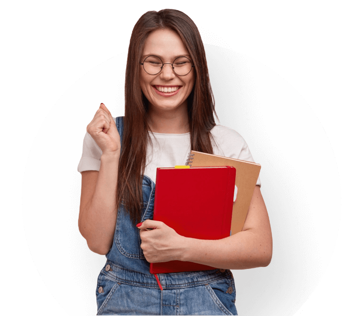 Happy woman with notebook and pen